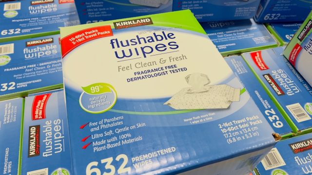 Boxes of flushable wipes by Kirkland Signature at Costco.