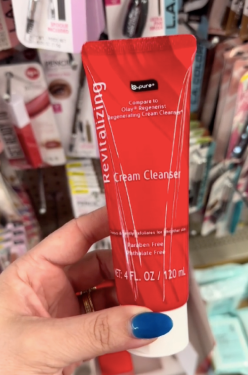 TikTok video still of Dollar Tree dupe for Olay products
