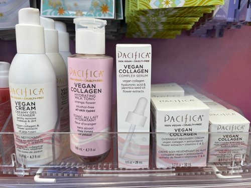 Various Pacifica skin care products on display on a grocery store shelf