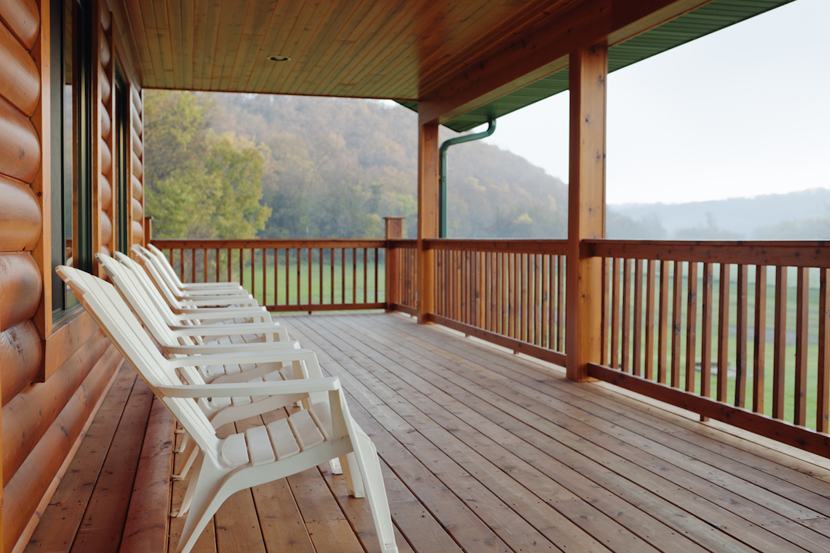 The view from the balcony of a vacation log cabin home.Location: Minnesota, USA."