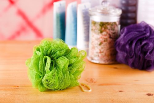 purple and green loofahs