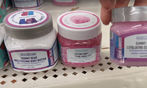 display of body scrubs and lotions at Dollar Tree