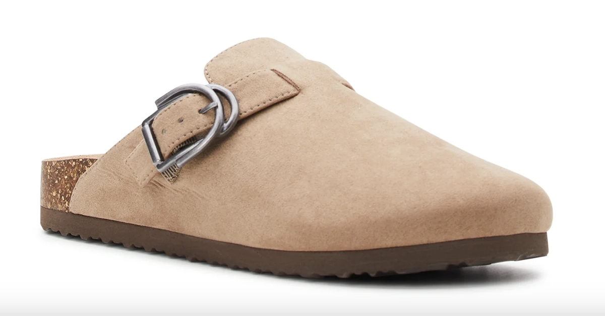 beige buckle clogs from Walmart
