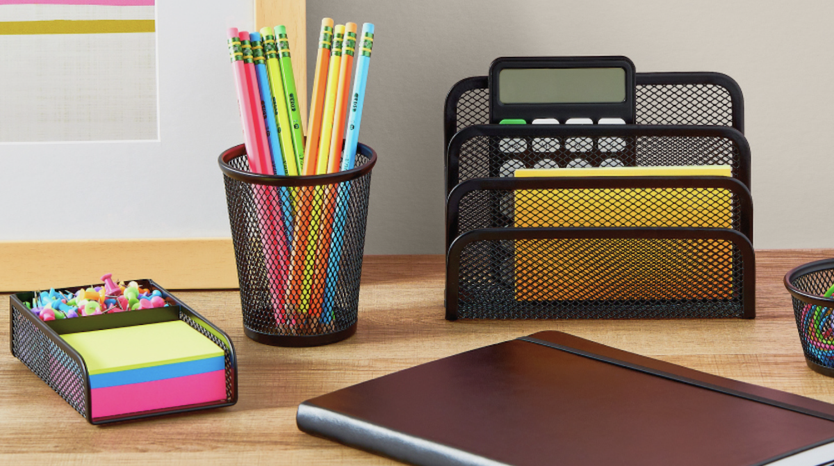 Desk organized with Walmart's Pen+Gear office supplies