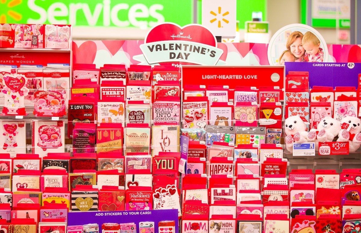 Valentine's Day greeting card display at Walmart