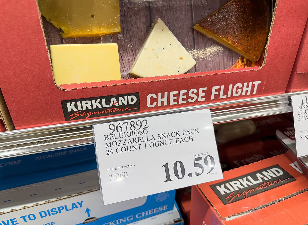A price tag on a Costco item on the shelf