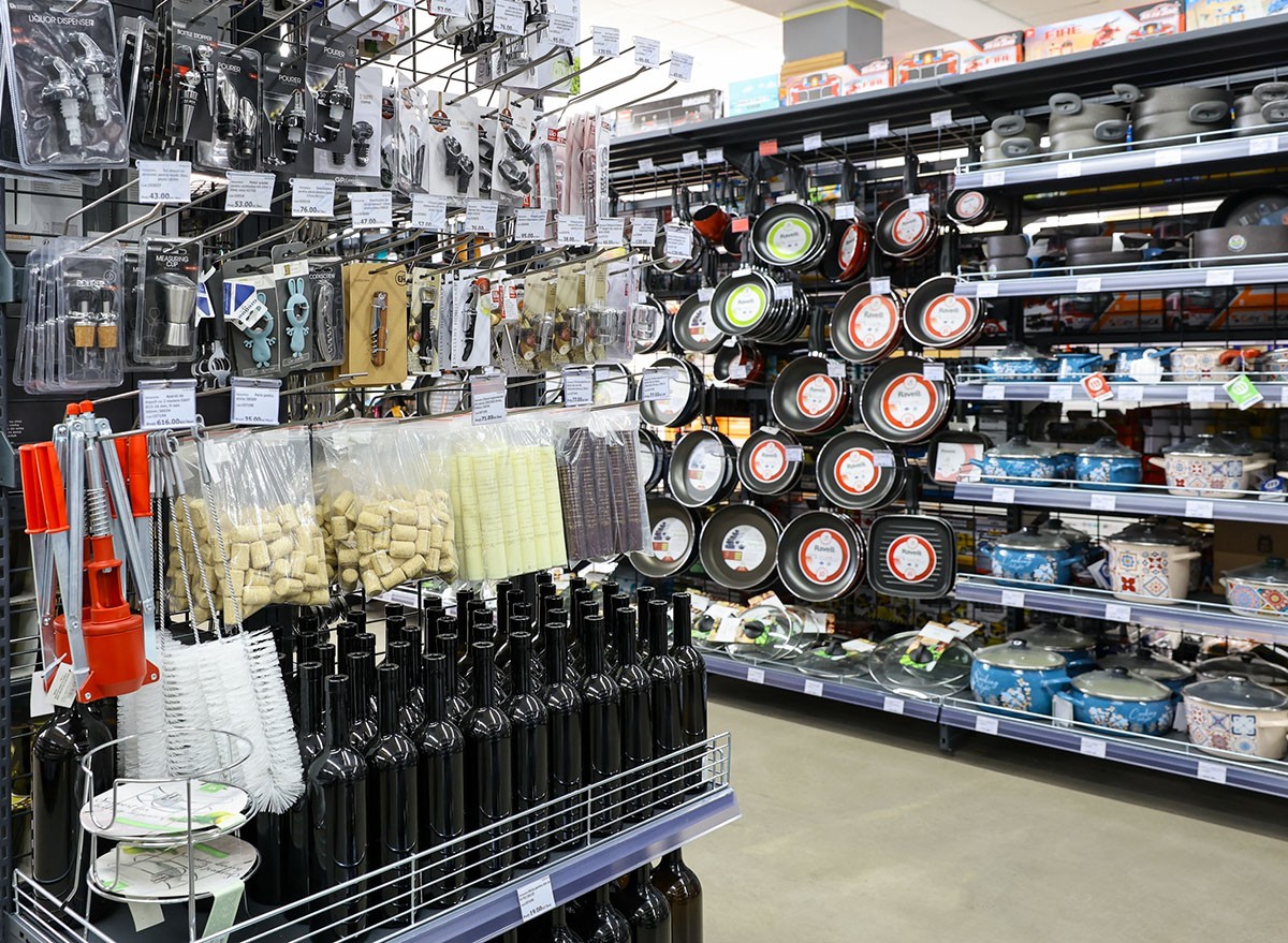 Shelves full of kitchen items at the grocery store