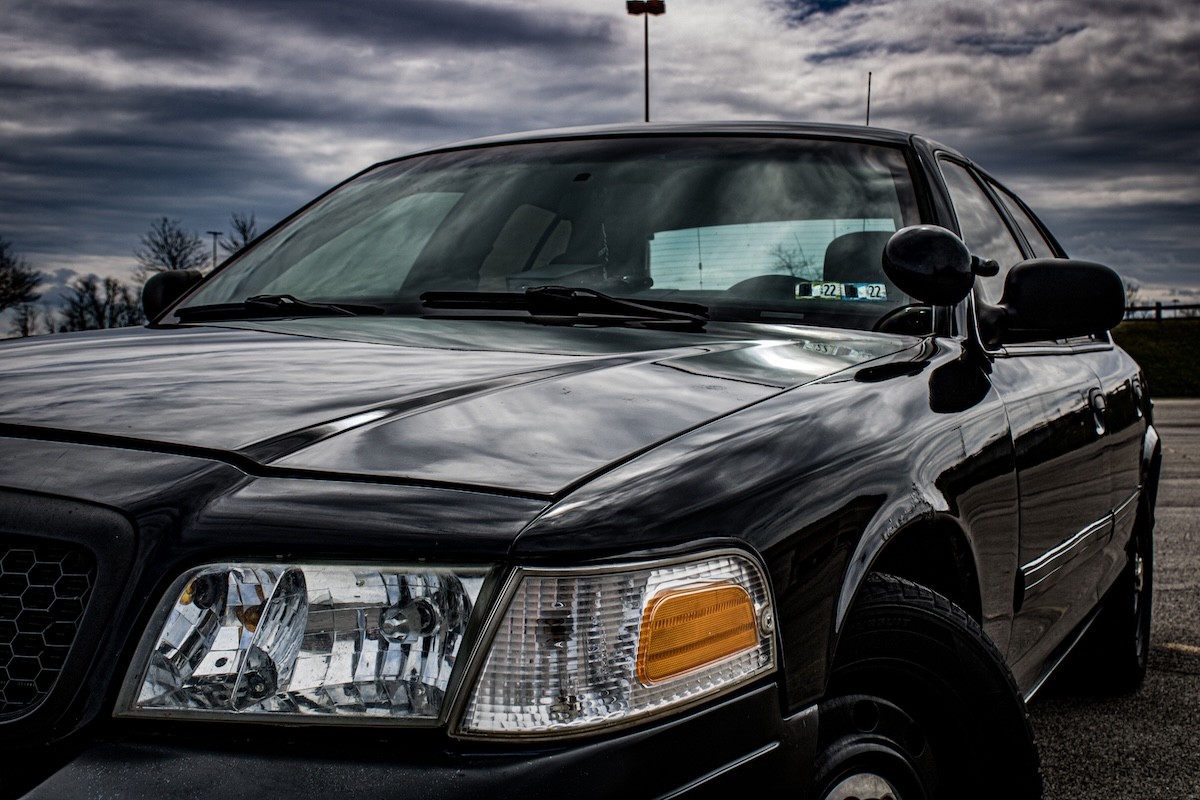 closeup of a black Ford Crown Victoria