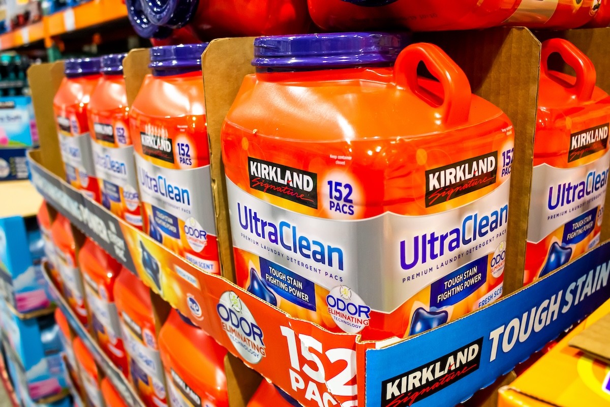 display of Kirkland laundry detergent pods at Costco
