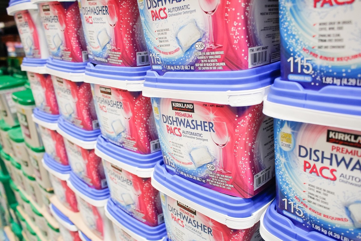 Display of Kirkland dishwasher pacs at Costco